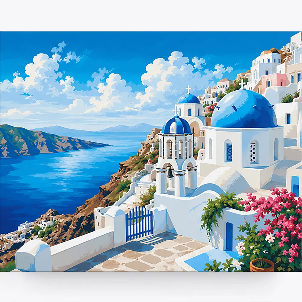 Malen nach Zahlen für Erwachsene: Traumhaftes Santorini-Motiv mit blauen Kuppeln, Meer und Blumen am Hang