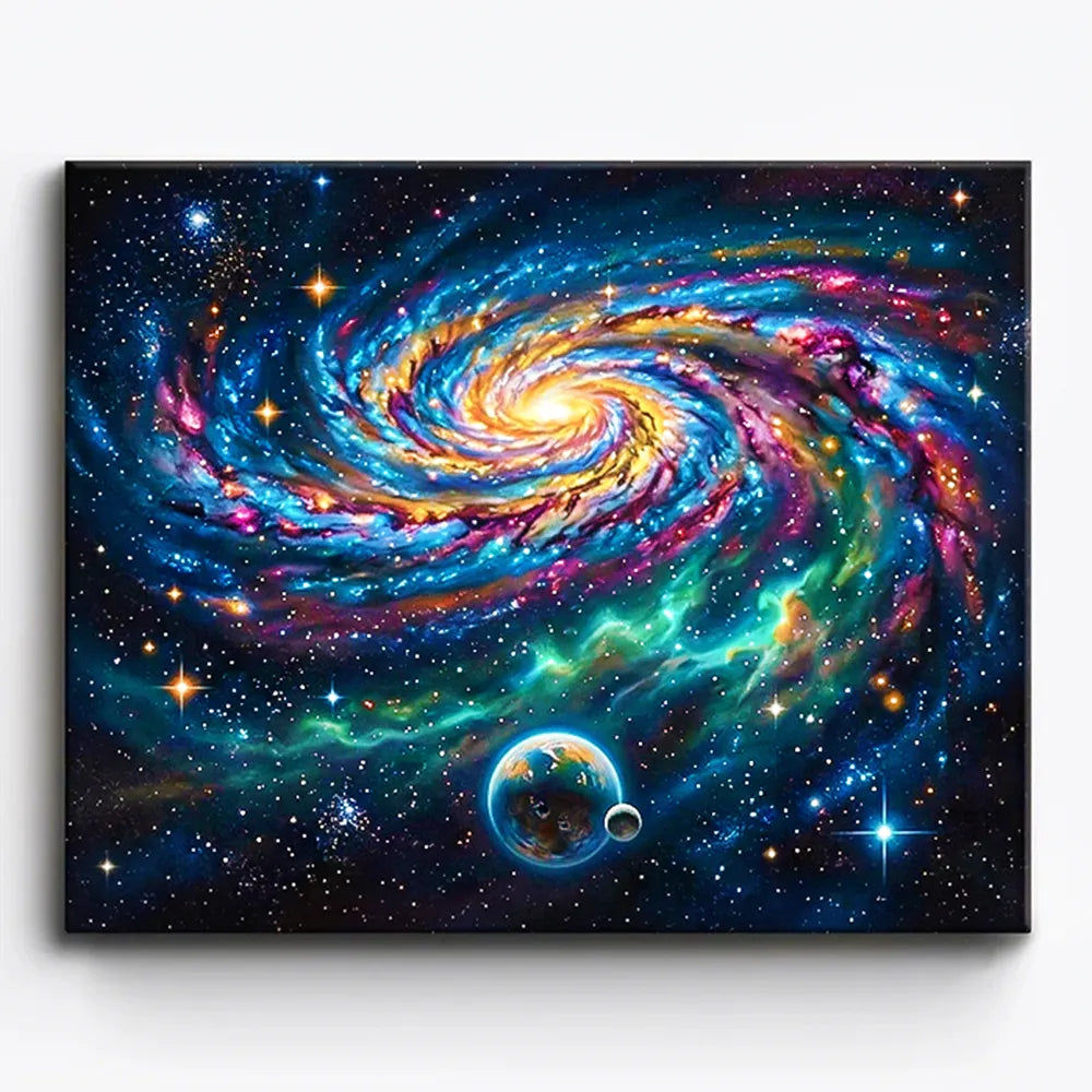 Malen nach Zahlen für Erwachsene: Bunte Galaxie mit Planeten und leuchtendem Sternenstaub auf Leinwand