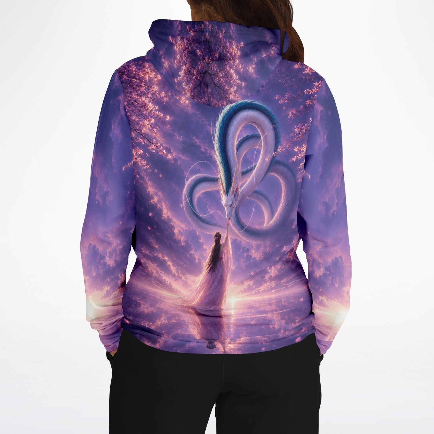 Dreamer Hoodie mit Fantasy-Motiv wie beim Diamond Painting, Drache und Mädchen in pink-violettem Kirschblüten-Himmel