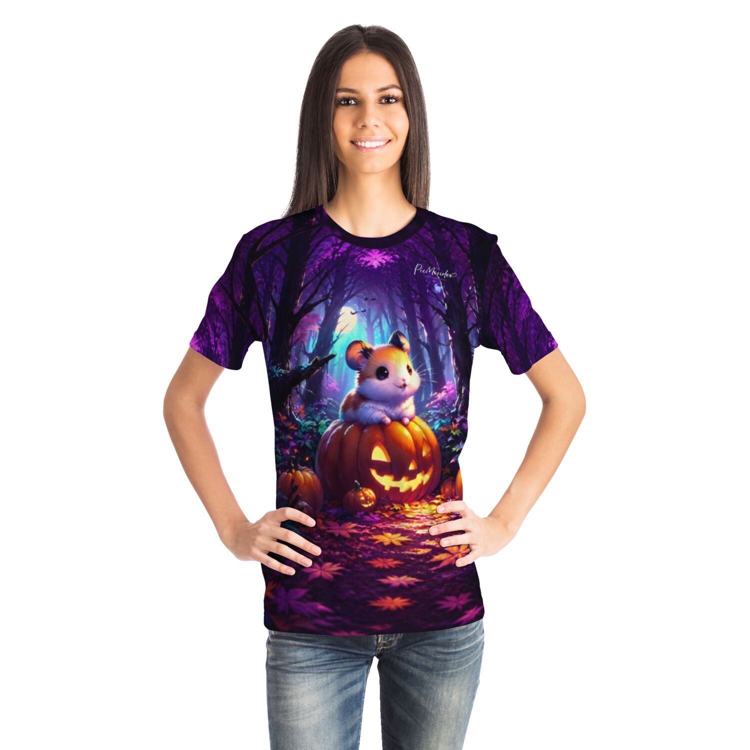Frau trägt Dreamer T-Shirt mit Hamster auf Kürbis Motiv, perfekt für Fans von Malen nach Zahlen und Diamond Painting