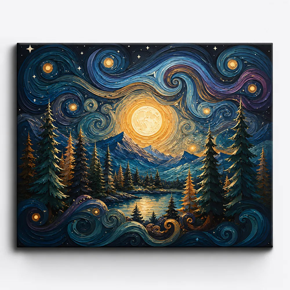 Malen nach Zahlen für Erwachsene: Goldene Nacht Motiv mit Mond, wirbelndem Sternenhimmel, Bergen und Tannenwald.