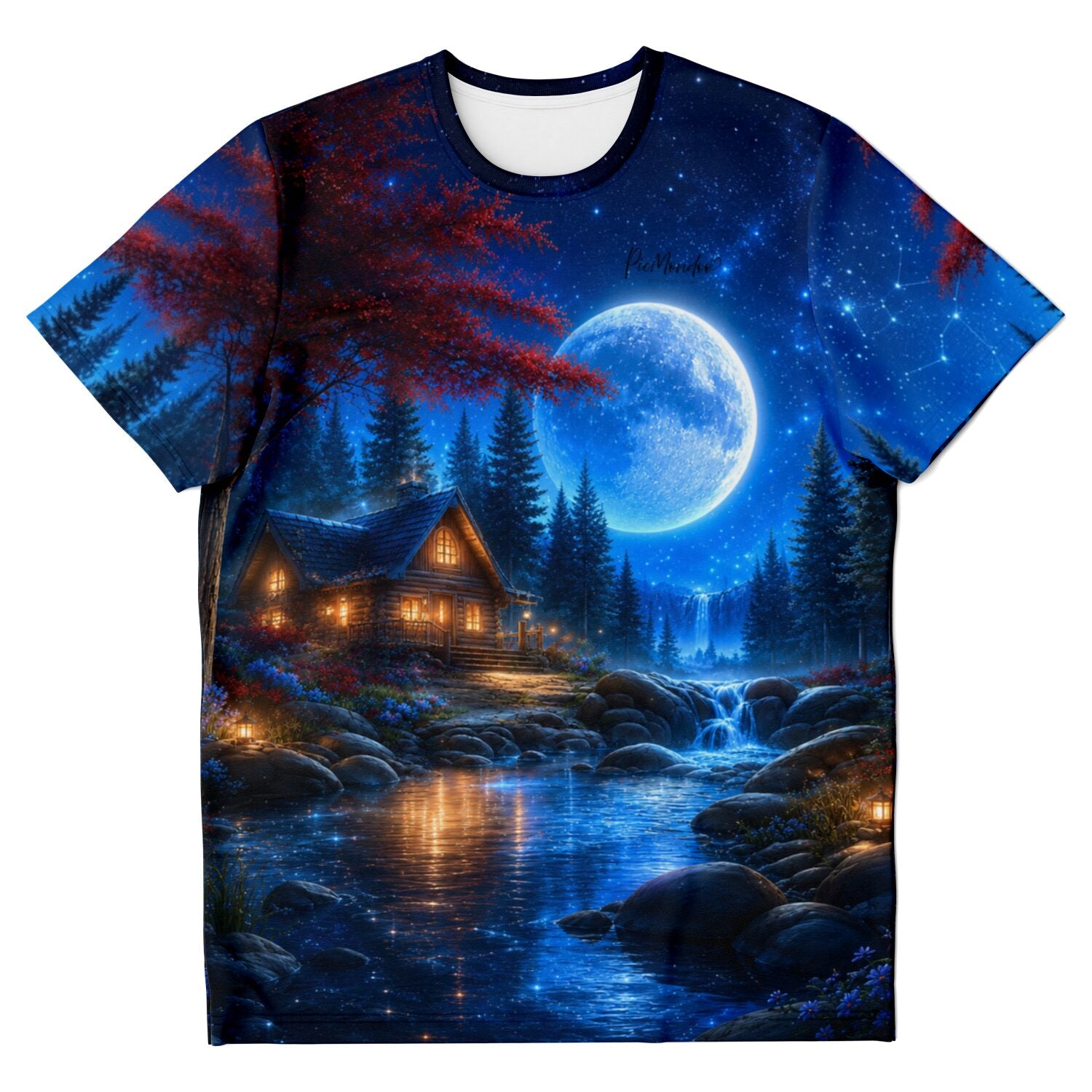 T-Shirt mit Diamond Painting Motiv: Nächtliche Waldhütte am Bach unter Vollmond und Sternenhimmel im Design von Picmondoo