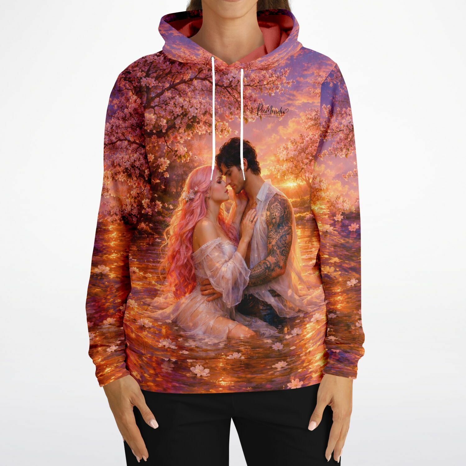 Dreamer Hoodie mit romantischem Motiv: Liebespaar in rosa Blütenlandschaft im Stil von Diamond Painting Motiven