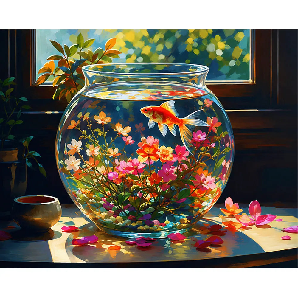 Malen nach Zahlen für Erwachsene: Goldfisch im Aquarium mit bunten Blumen, ein kreatives DIY-Kunstwerk von Picmondoo.