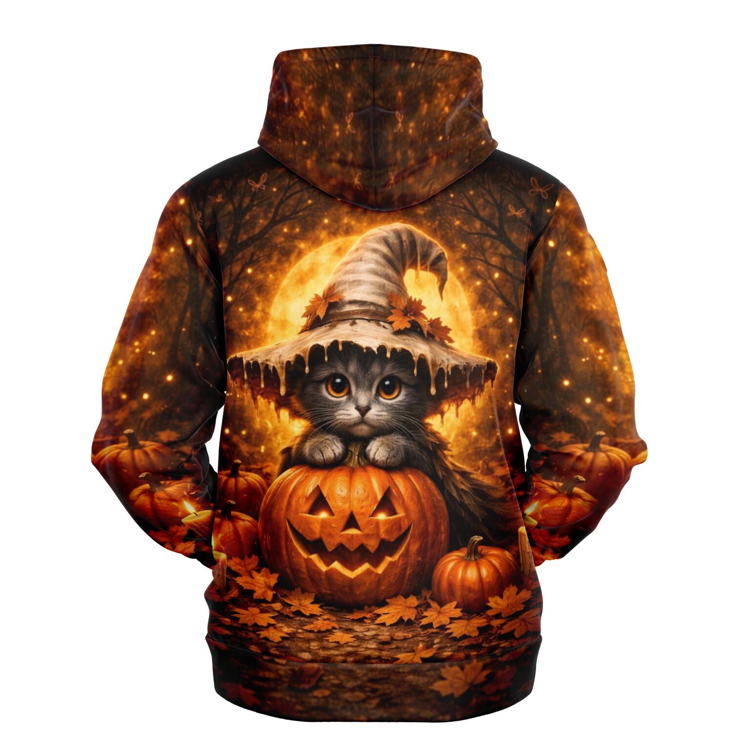 Dreamer Hoodie Kürbishexe mit Katze im Hexenhut auf leuchtendem Kürbis, ideal für Halloween-Fans und DIY-Liebhaber