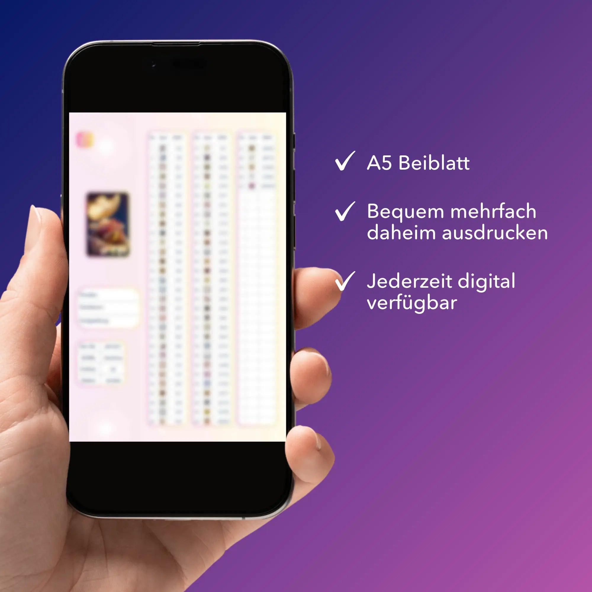 Digitale Diamond Painting Bildmappe als PDF auf Smartphone zur einfachen Verwaltung deines Diamanten Painting Projekts.