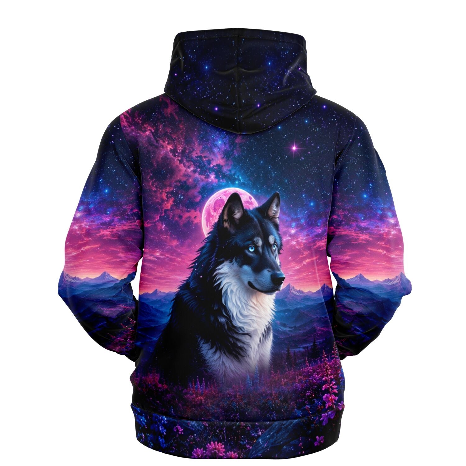 Dreamer Hoodie mit Wolf-Motiv, Sternenhimmel und Erdbeermond im AOP-Design für Fans von kreativen DIY-Kunststilen
