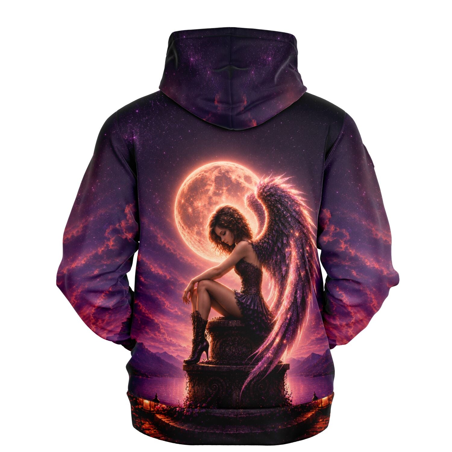 Dreamer Hoodie Aurelia Nachtflügel mit Motiv eines Engels vor Vollmond im Sternenhimmel als All-over-Print Design