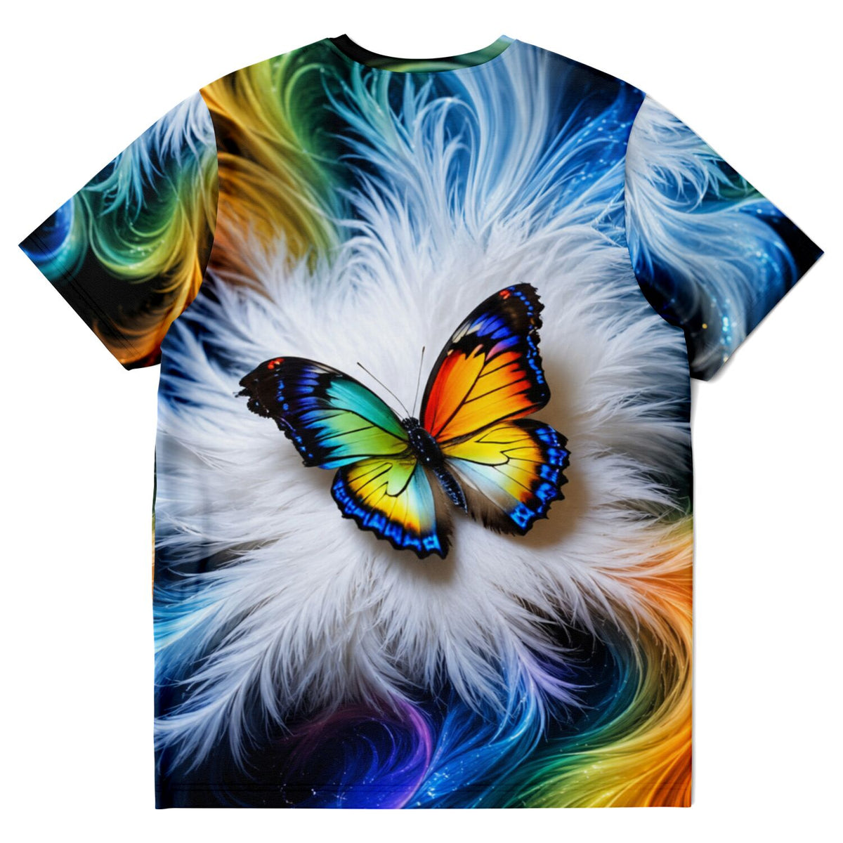 Dreamer T-Shirt mit buntem Schmetterling auf weißen Federn, passend zum Stil unserer Malen nach Zahlen Motive