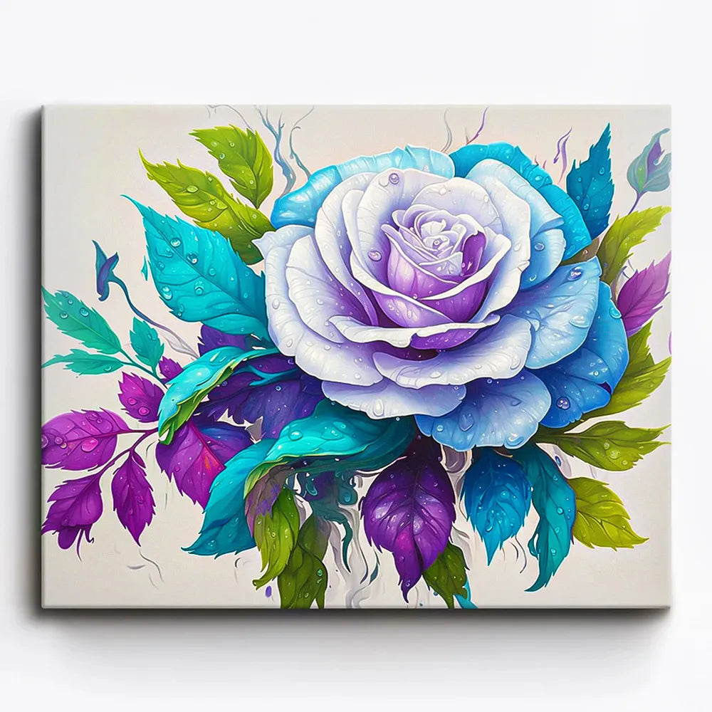Malen nach Zahlen für Erwachsene: Leuchtende blaue und violette Rose mit Wassertropfen als detailliertes DIY-Set