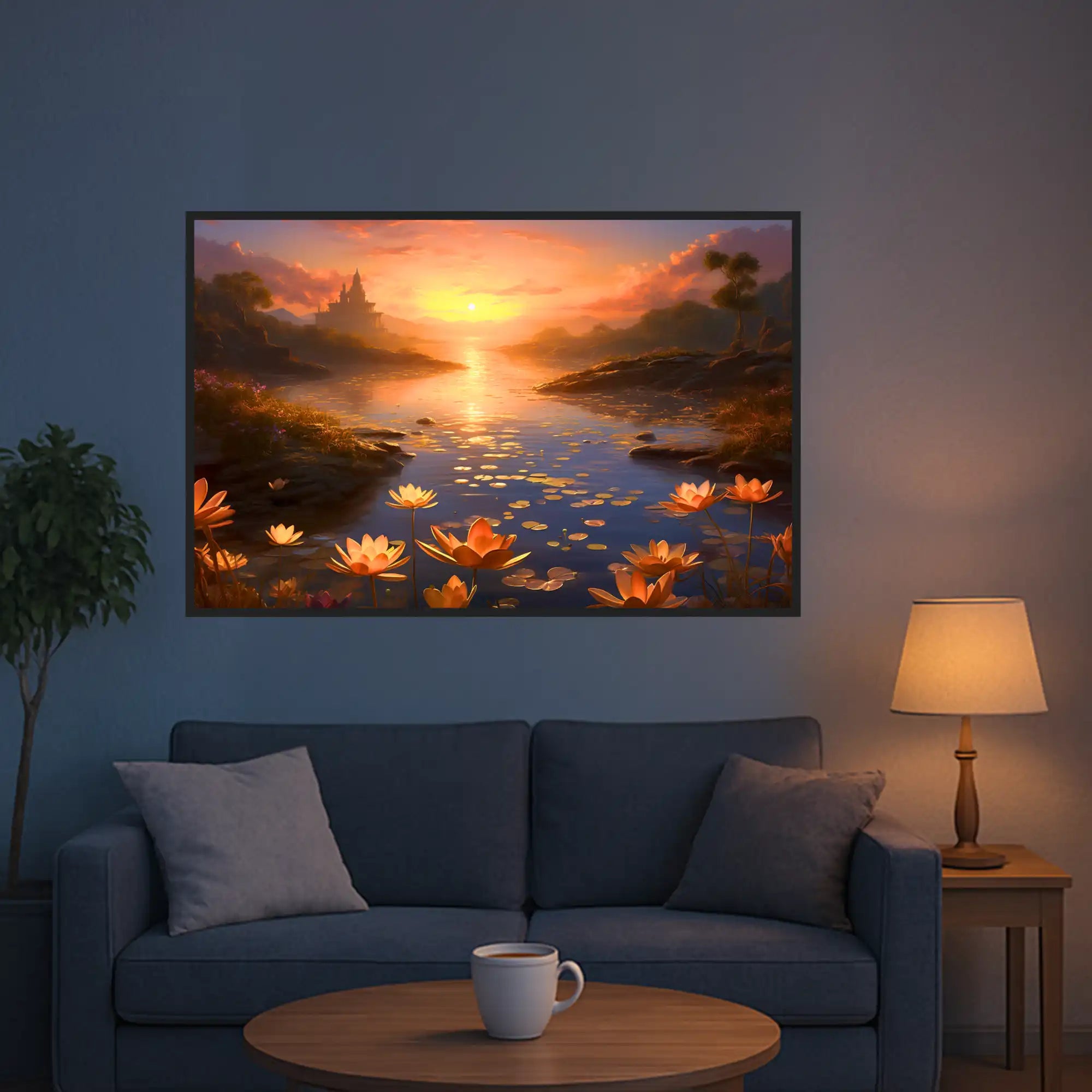 XXL Diamond Painting Sonnenuntergang mit Seerosen und Märchenschloss als glitzerndes Wandbild über einem Wohnzimmersofa.