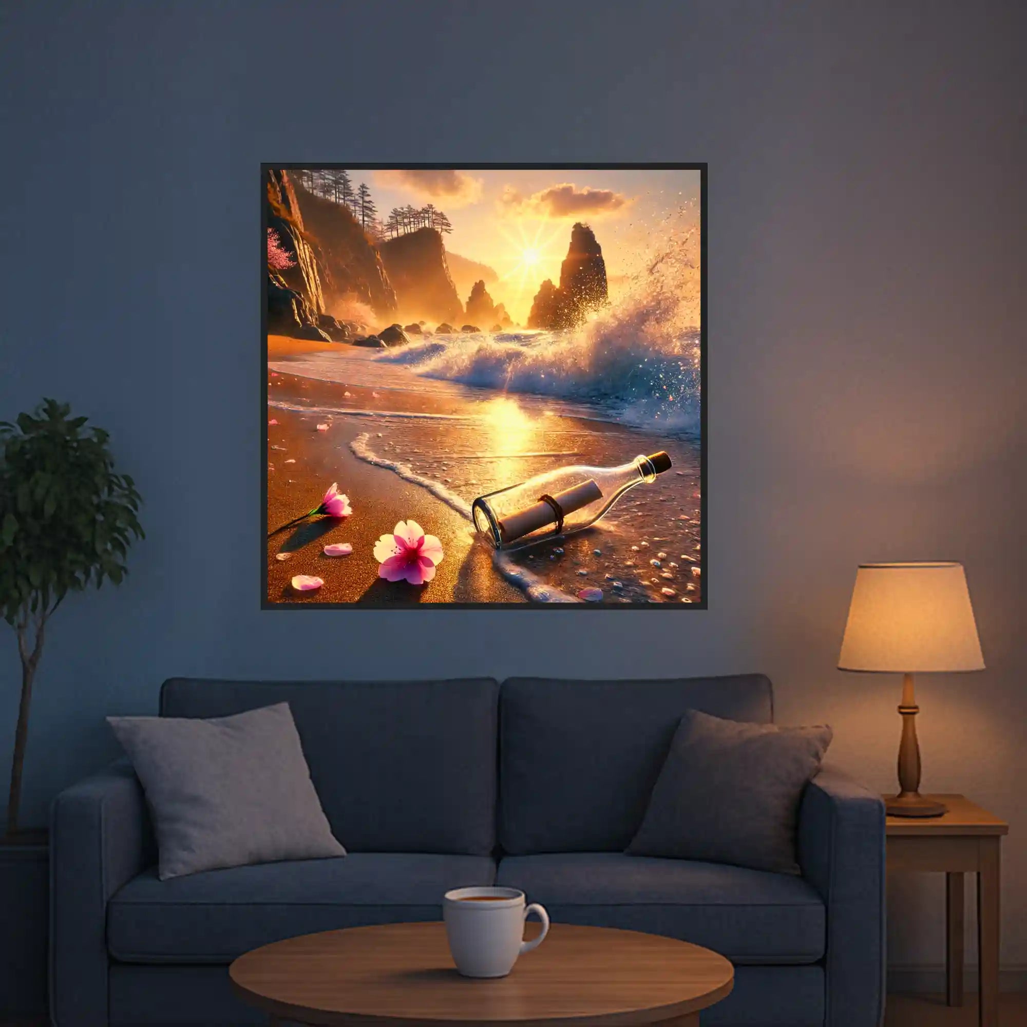 Diamond Painting Meer bei Sonnenuntergang mit Flaschenpost und Kirschblüten am Strand als entspannendes DIY-Kunstwerk