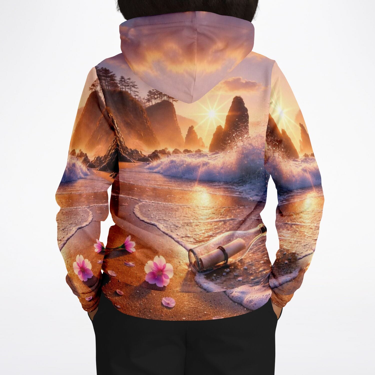 Dreamer Hoodie mit Meer-Motiv, Strandlandschaft, Flaschenpost und Blüten, ideal für Fans von Malen nach Zahlen Designs.