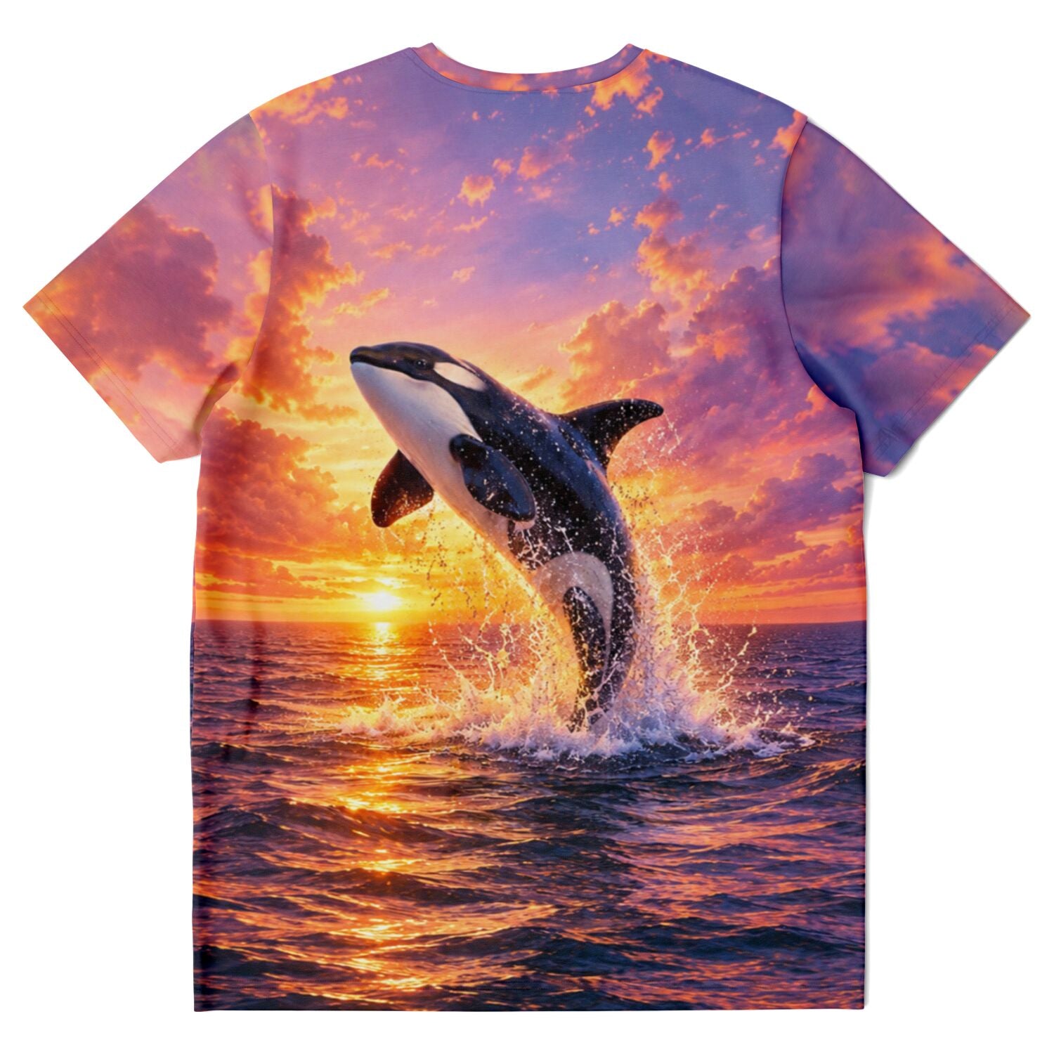 T-Shirt mit springendem Orca Motiv vor Sonnenuntergang, passend zum kreativen Stil von Diamond Painting Bildern