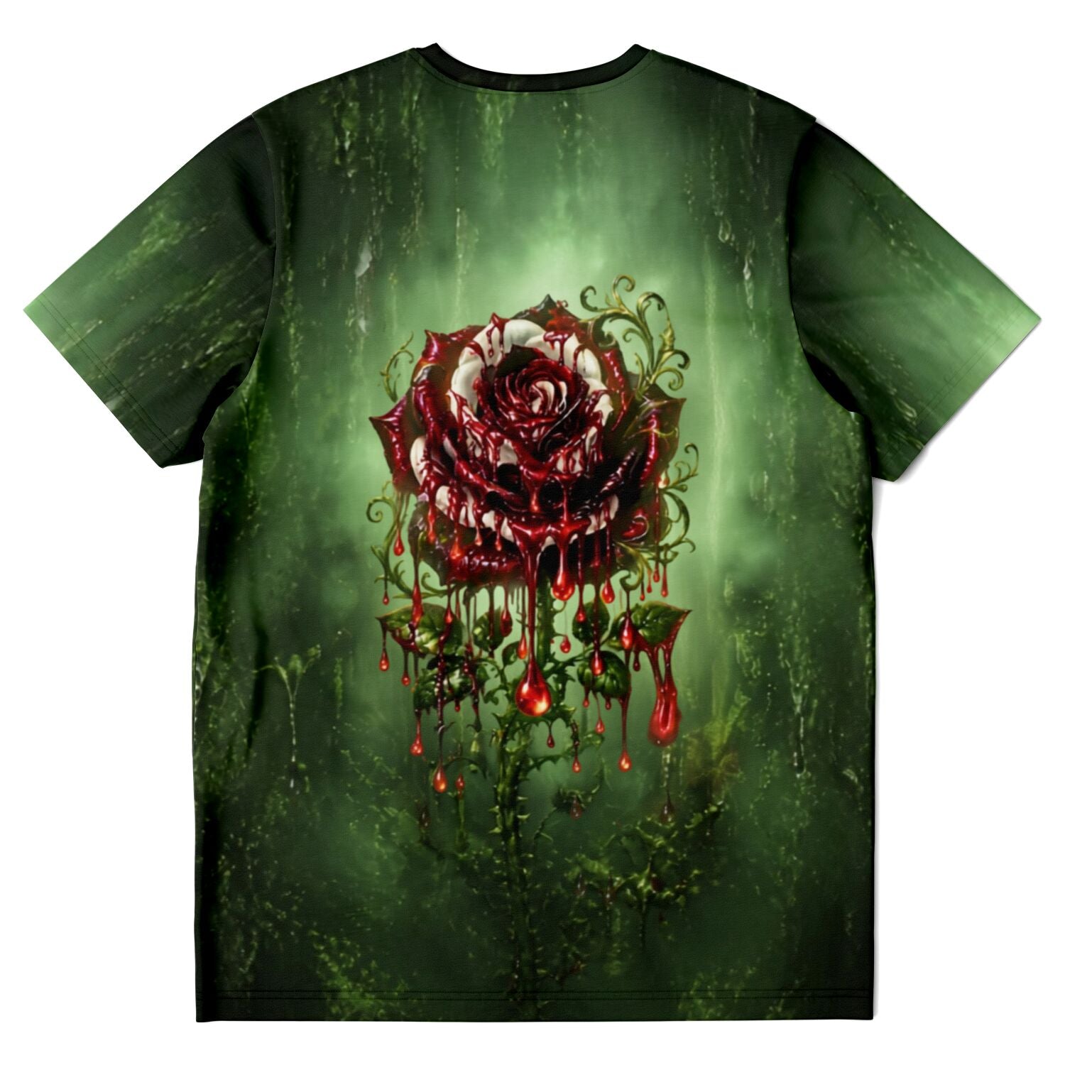 T-Shirt mit künstlerischem Motiv einer dunkelroten, tropfenden Rose auf grünem Hintergrund im Diamond Painting Stil
