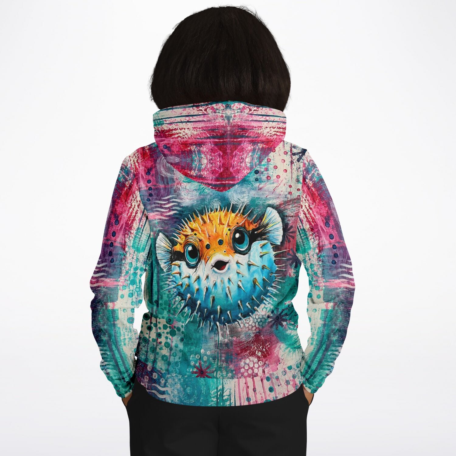 Dreamer Hoodie mit farbenfrohem Kugelfisch-Motiv, inspiriert von kreativen Diamond Painting und Malen nach Zahlen Stilen.