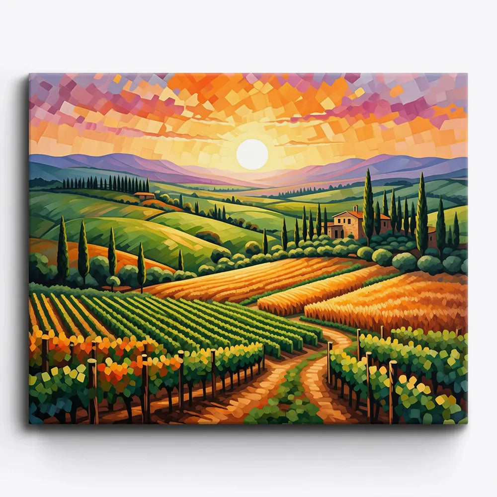 Malen nach Zahlen für Erwachsene: Toskana-Landschaft mit Weinbergen, Zypressen und Sonnenuntergang auf Leinwand.