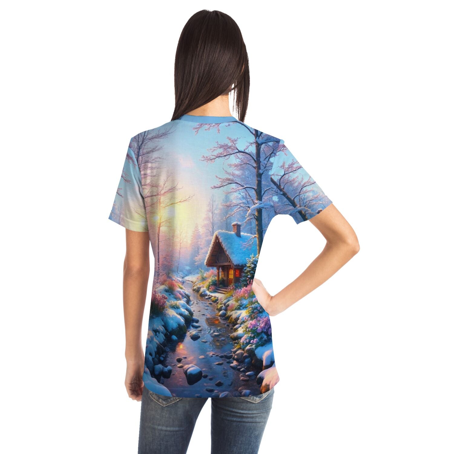 T-Shirt mit Wintermorgen-Motiv, kunstvoller Landschaftsdruck wie bei Diamond Painting oder Malen nach Zahlen