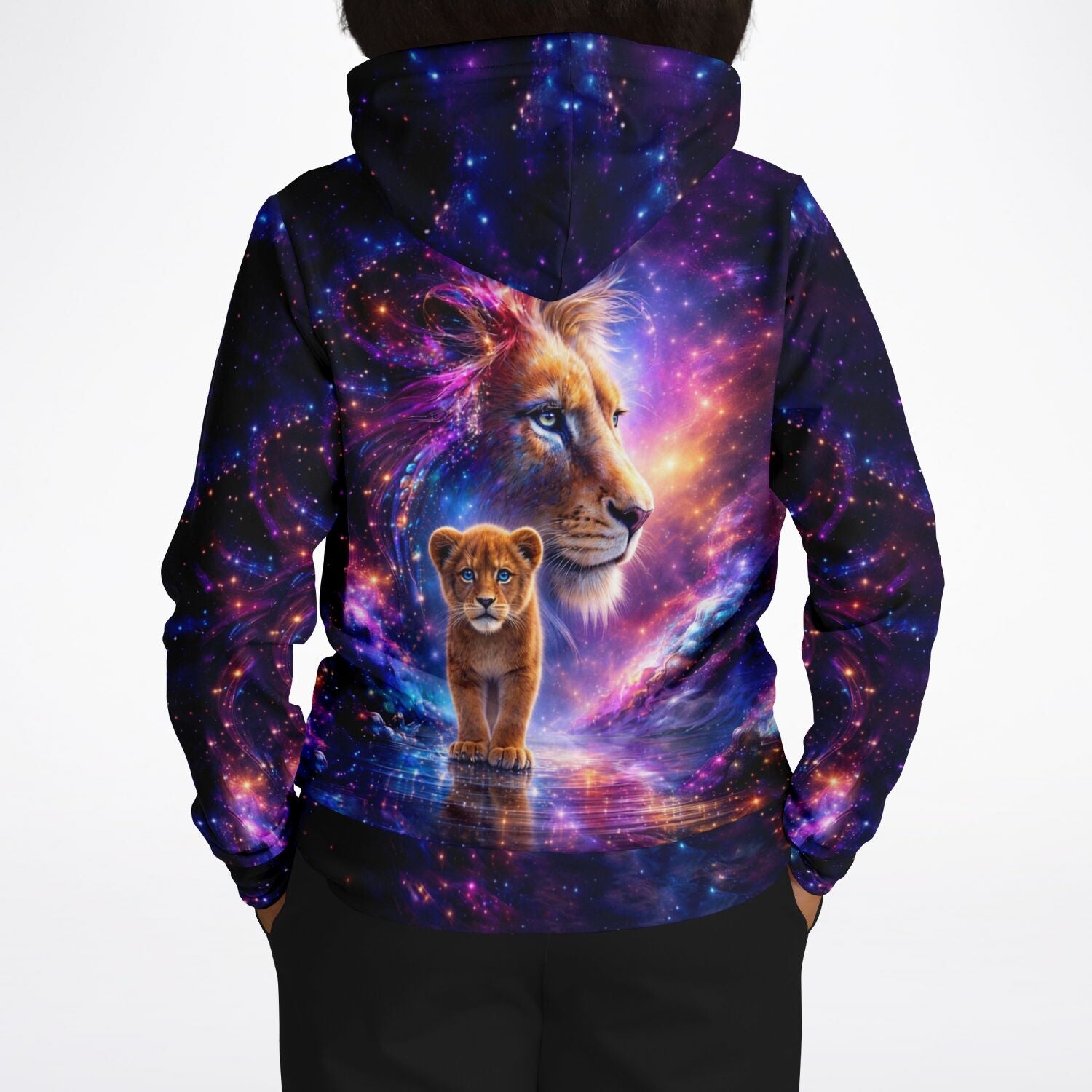 Hoodie mit Löwen-Motiv im Galaxie-Design, passend zu künstlerischem Diamond Painting oder Malen nach Zahlen Stil