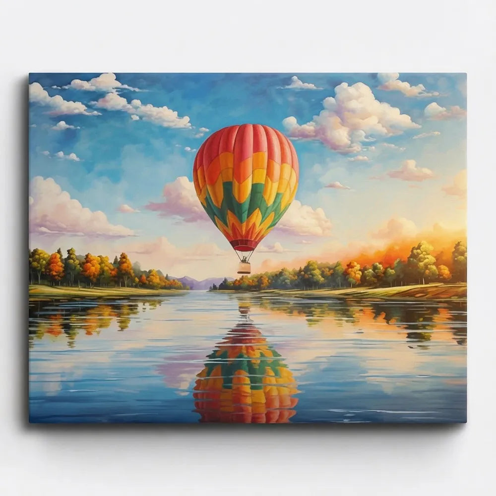Malen nach Zahlen für Erwachsene: Bunter Heißluftballon über einem Fluss mit herbstlicher Landschaft und Spiegelung