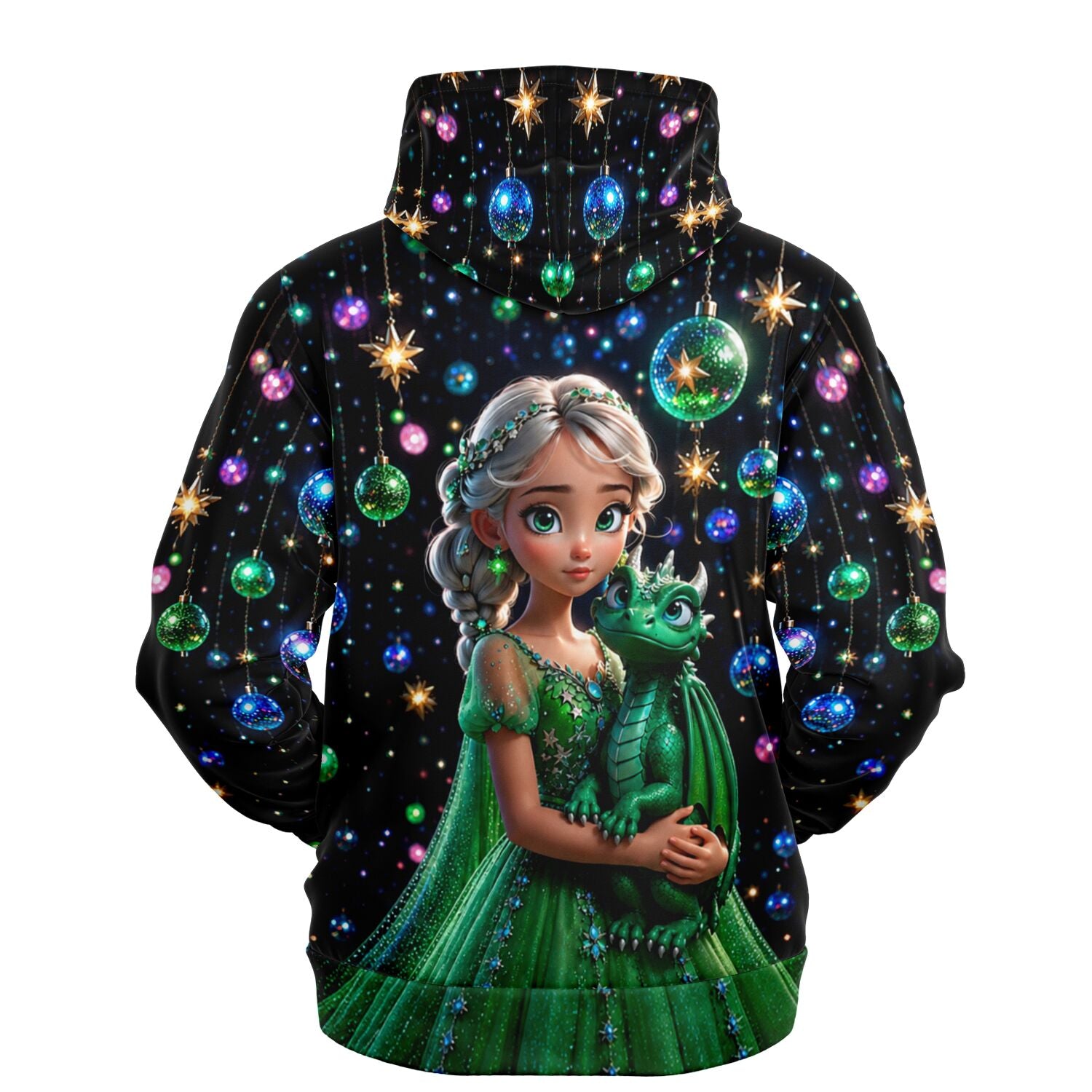 Schwarzer Hoodie mit Dragon Girl Motiv, inspiriert durch Diamond Painting Kunst, Fantasy-Prinzessin mit grünem Drachen