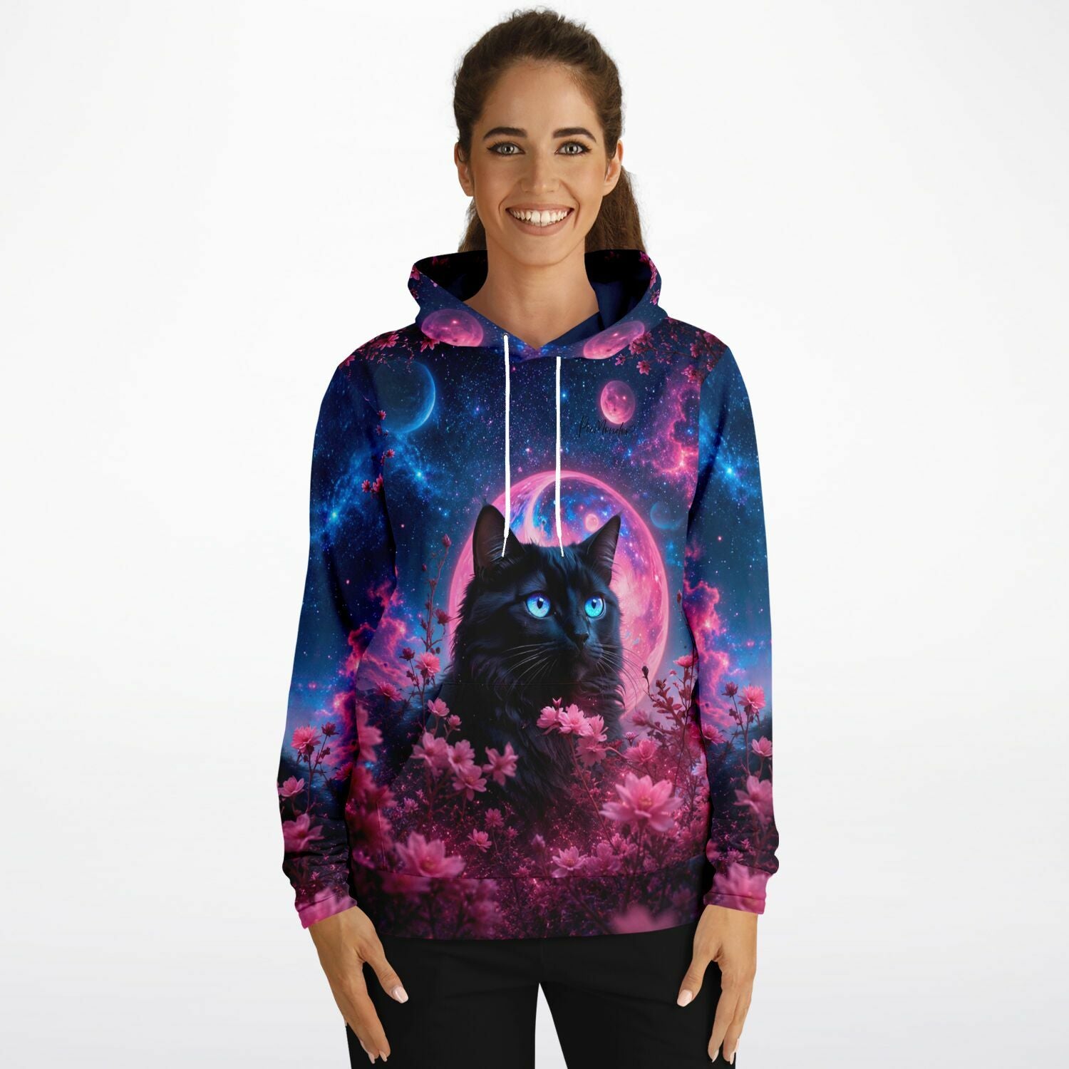 Dreamer Hoodie Nacht aus Samt mit schwarzer Katze, rosa Blumen und Weltraum-Design für Fans von Diamond Painting Motiven