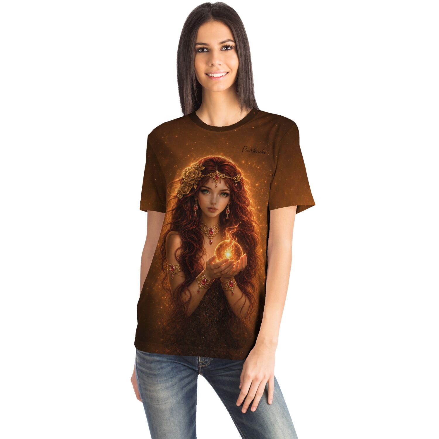 Frau trägt ein Dreamer T-Shirt mit Göttin der Sonne Motiv, passend im Stil zu Diamond Painting und Malen nach Zahlen