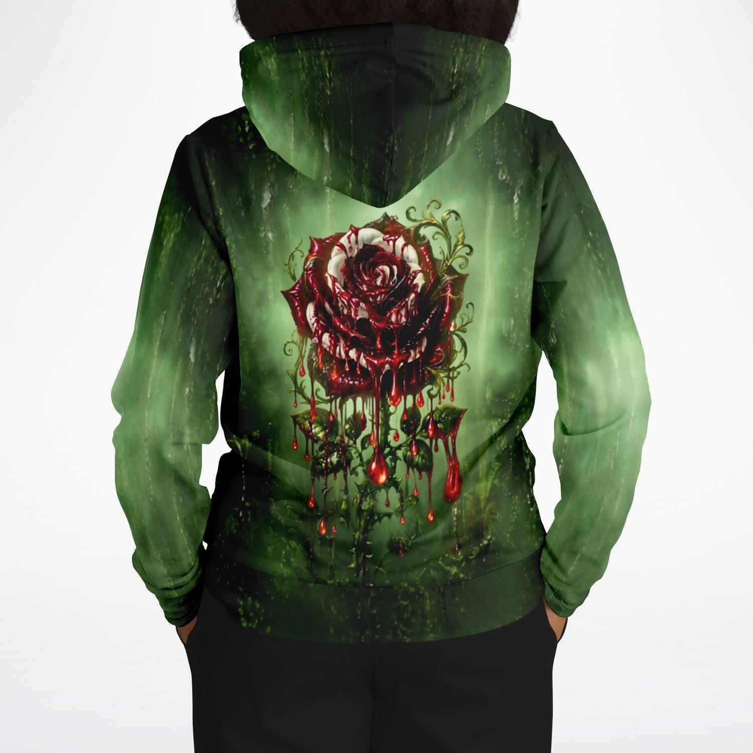 Dreamer Hoodie mit düsterem Rosen-Print in Rot und Grün, ideal für Fans von künstlerischen Motiven wie Diamond Painting.