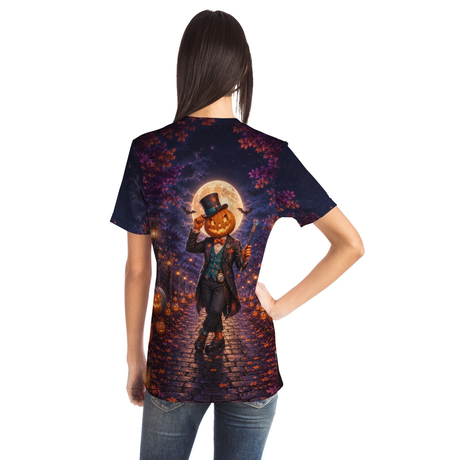 T-Shirt mit Herbstnacht-Motiv: Kürbiskopf-Gentleman bei Vollmond, passend zu Diamond Painting und Malen nach Zahlen Designs
