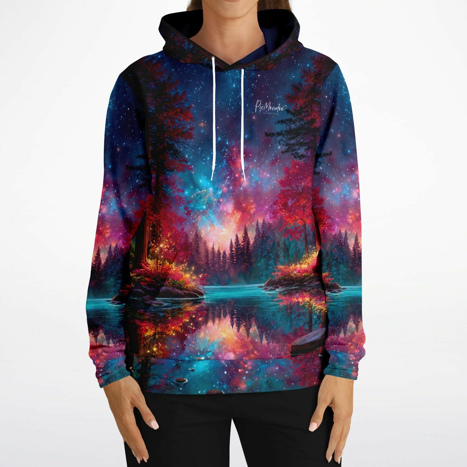 Dreamer Hoodie mit farbenintensivem Wald-Motiv bei Sternennacht, inspiriert durch Diamond Painting und Kreativ-Designs