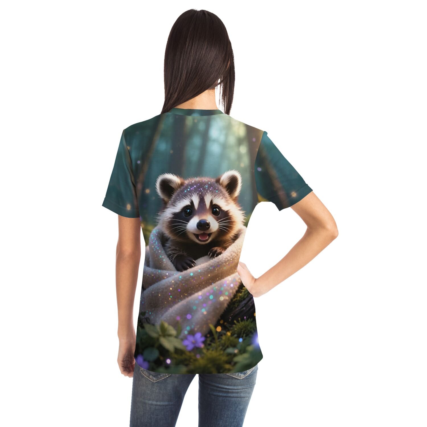 T-Shirt mit Waschbär-Motiv im Diamond Painting Stil, niedlicher Waschbär in Decke mit Glitzer-Effekten