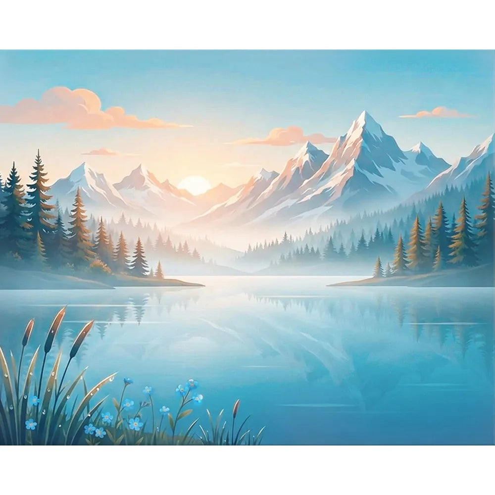 Malen nach Zahlen für Erwachsene: Bergsee-Landschaft mit schneebedeckten Gipfeln und Sonnenaufgang im Picmondoo-Stil.