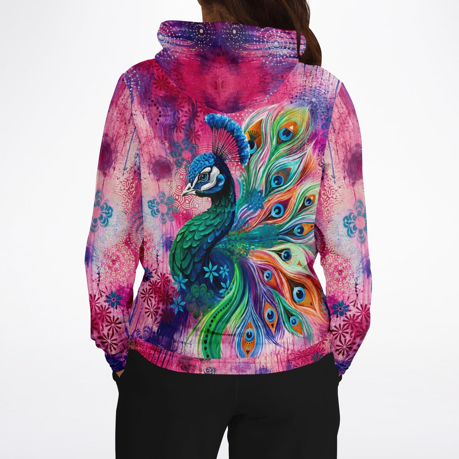 Dreamer Hoodie mit farbenfrohem Pfau-Motiv, inspiriert durch Malen nach Zahlen und Diamond Painting Designs