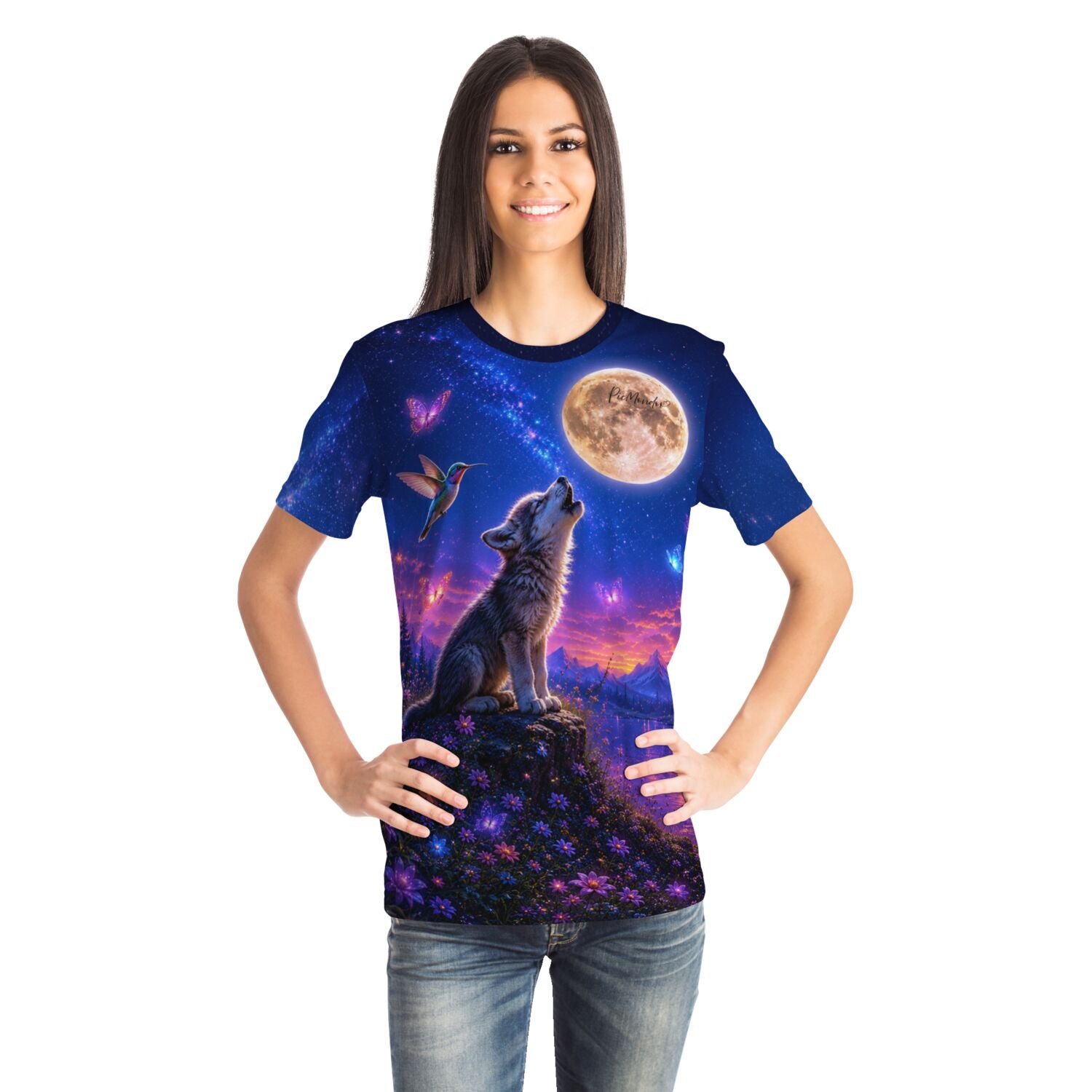 Dreamer T-Shirt mit Wolf, Mond und Kolibri Motiv, das an beliebte Diamond Painting und Malen nach Zahlen Designs erinnert.