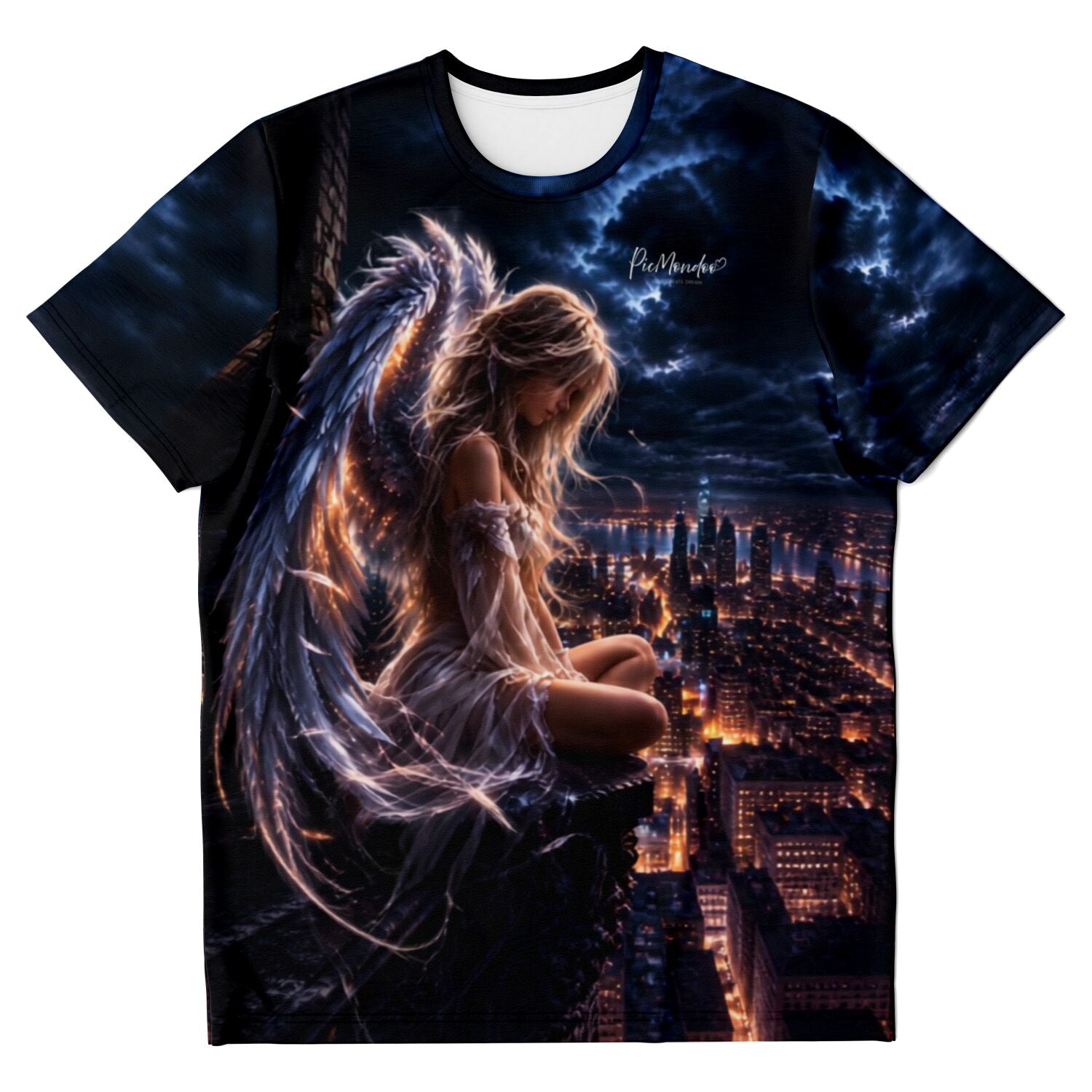 T-Shirt mit Engel Motiv: Frau mit Flügeln über nächtlicher Stadtkulisse, passend zum Stil von Diamond Painting Designs