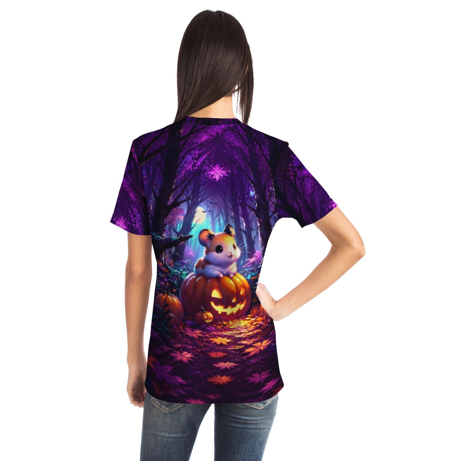 Dreamer T-Shirt Pumpkin Whispers mit süßem Hamster auf Kürbis im lila Herbstwald, ideal für Malen nach Zahlen Fans.