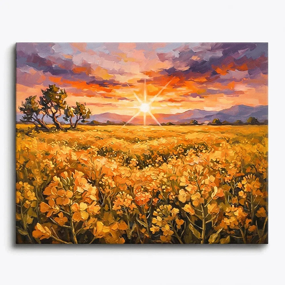 Malen nach Zahlen für Erwachsene: Goldenes Rapsfeld bei Sonnenuntergang mit farbenfrohen Wolken und strahlender Sonne.