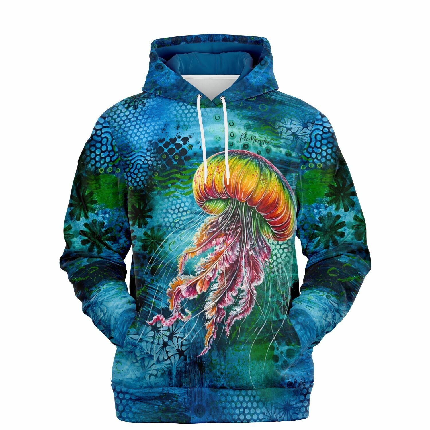 Dreamer Hoodie Medusa Solaris im künstlerischen Quallen-Design mit leuchtenden Farben und detailliertem Unterwasser-Print