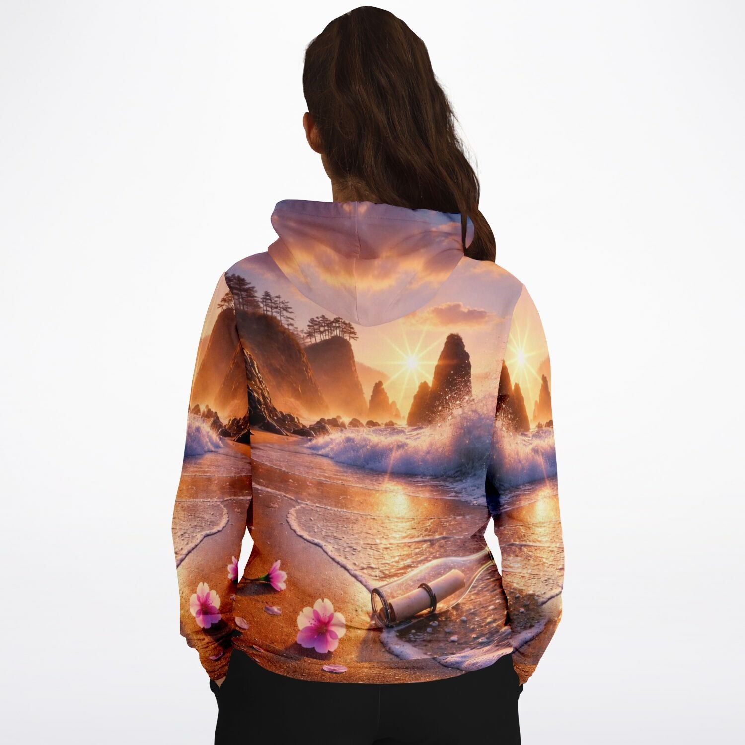 Dreamer Hoodie mit malerischem Küstenmotiv, Flaschenpost am Strand und Sonnenuntergang im Stil eines Diamond Paintings