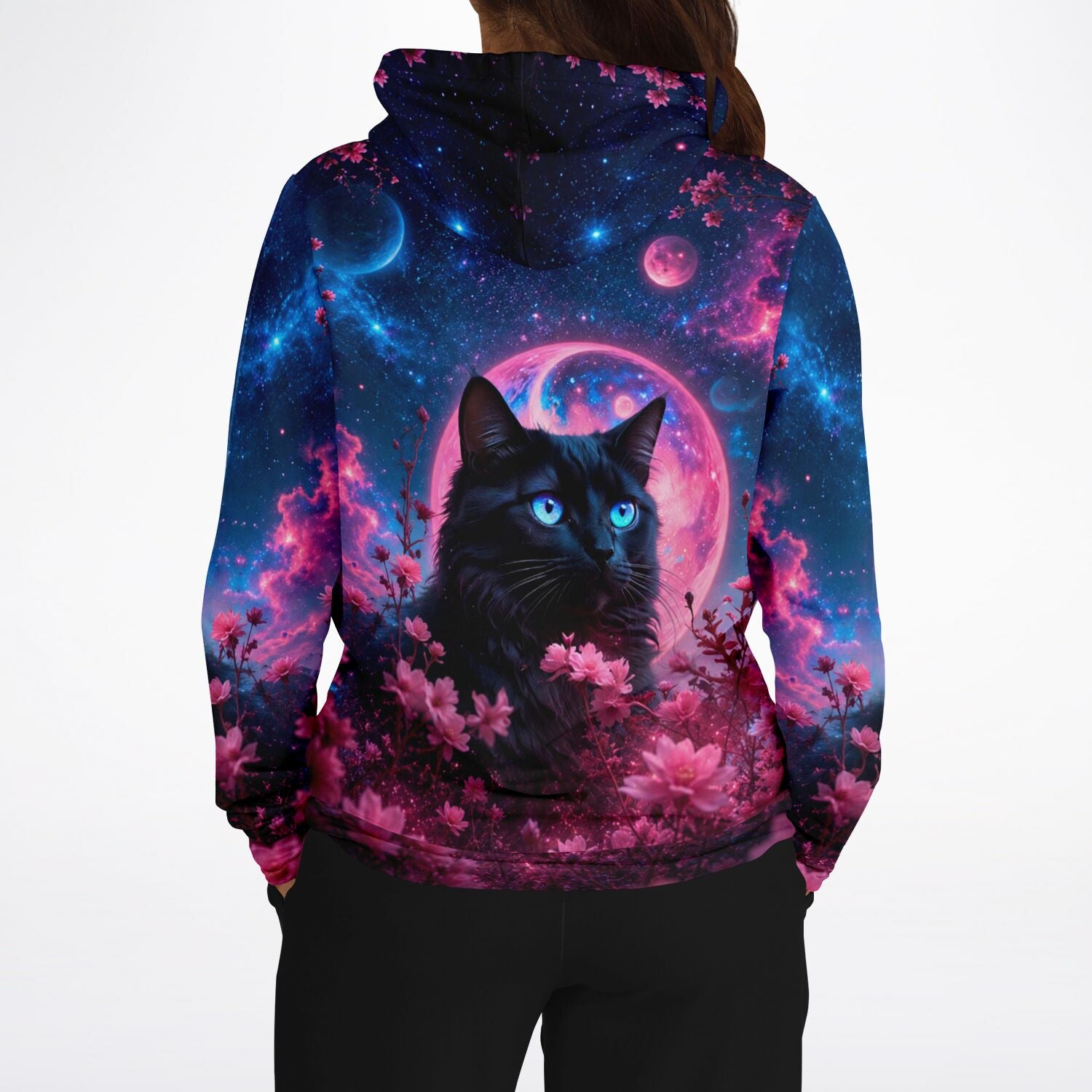 Hoodie mit schwarzer Katze, blauen Augen und pinkem Mond-Design im Stil von anspruchsvollem Malen nach Zahlen für Erwachsene