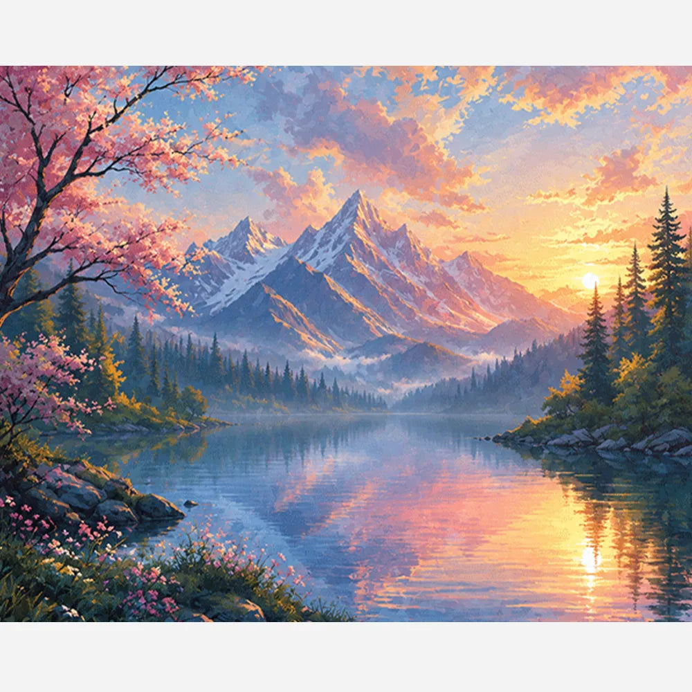 Malen nach Zahlen für Erwachsene: Bergsee-Landschaft mit schneebedeckten Gipfeln und blühendem Baum im Sonnenuntergang