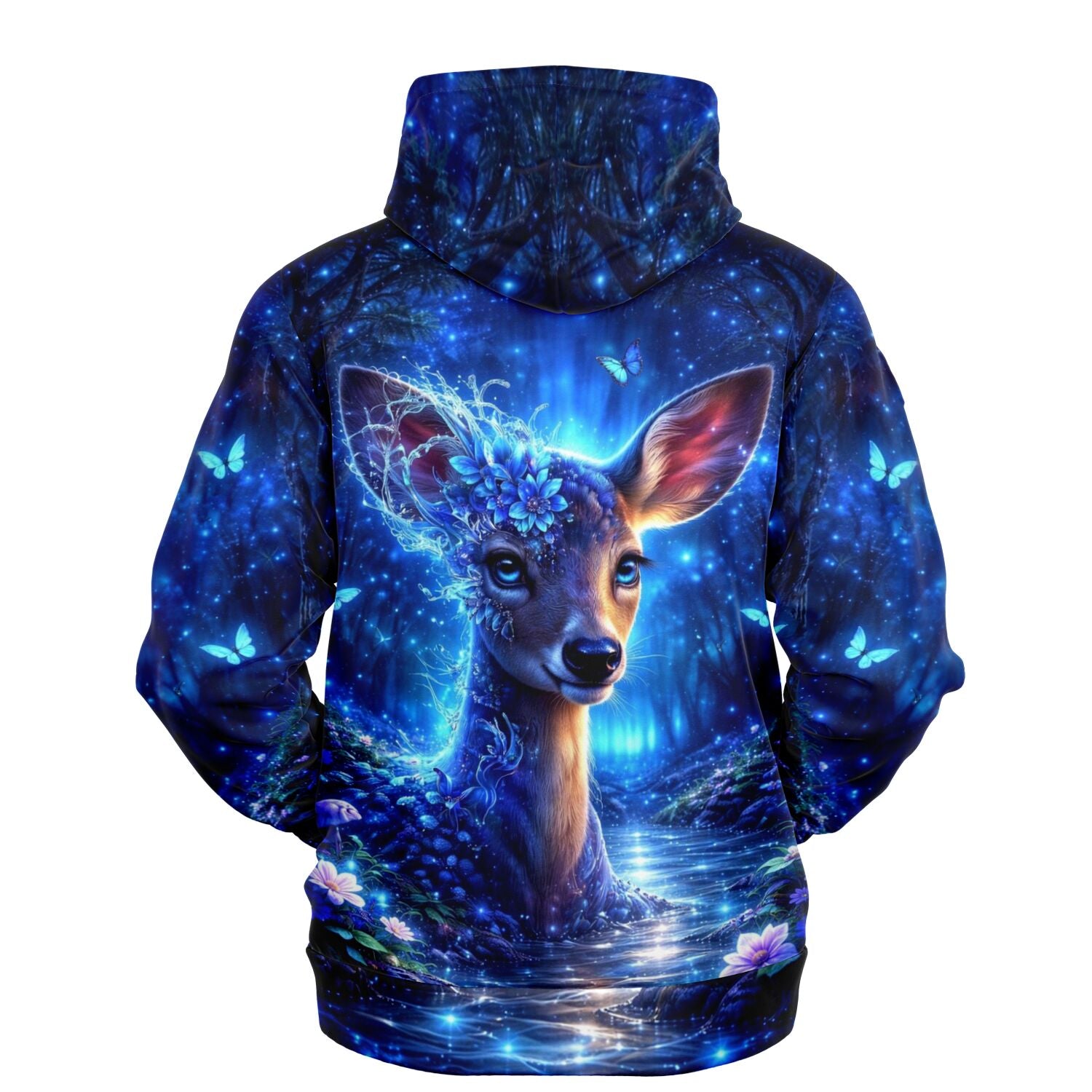Dreamer Hoodie Hüterin des Herzens mit mystischem Reh-Motiv in blauem Wald für Fans von Diamond Painting und Kunst.