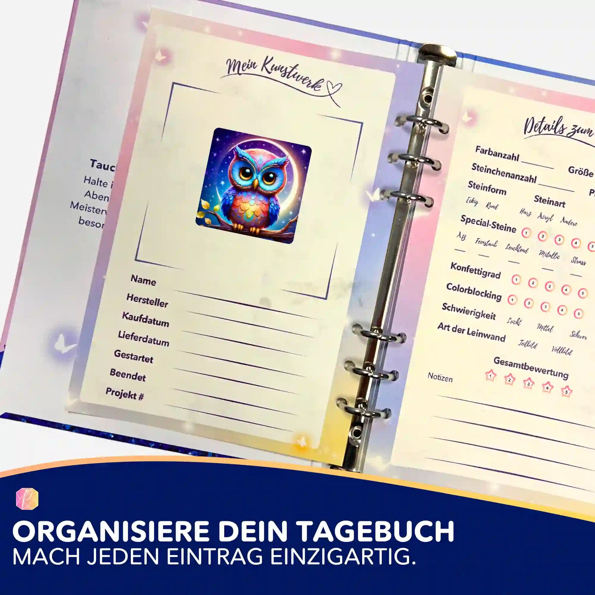Eulen-Aufkleber für Diamond Painting Tagebuch zur Organisation von Kunstwerken mit Eulenmotiv und Details zur Dokumentation