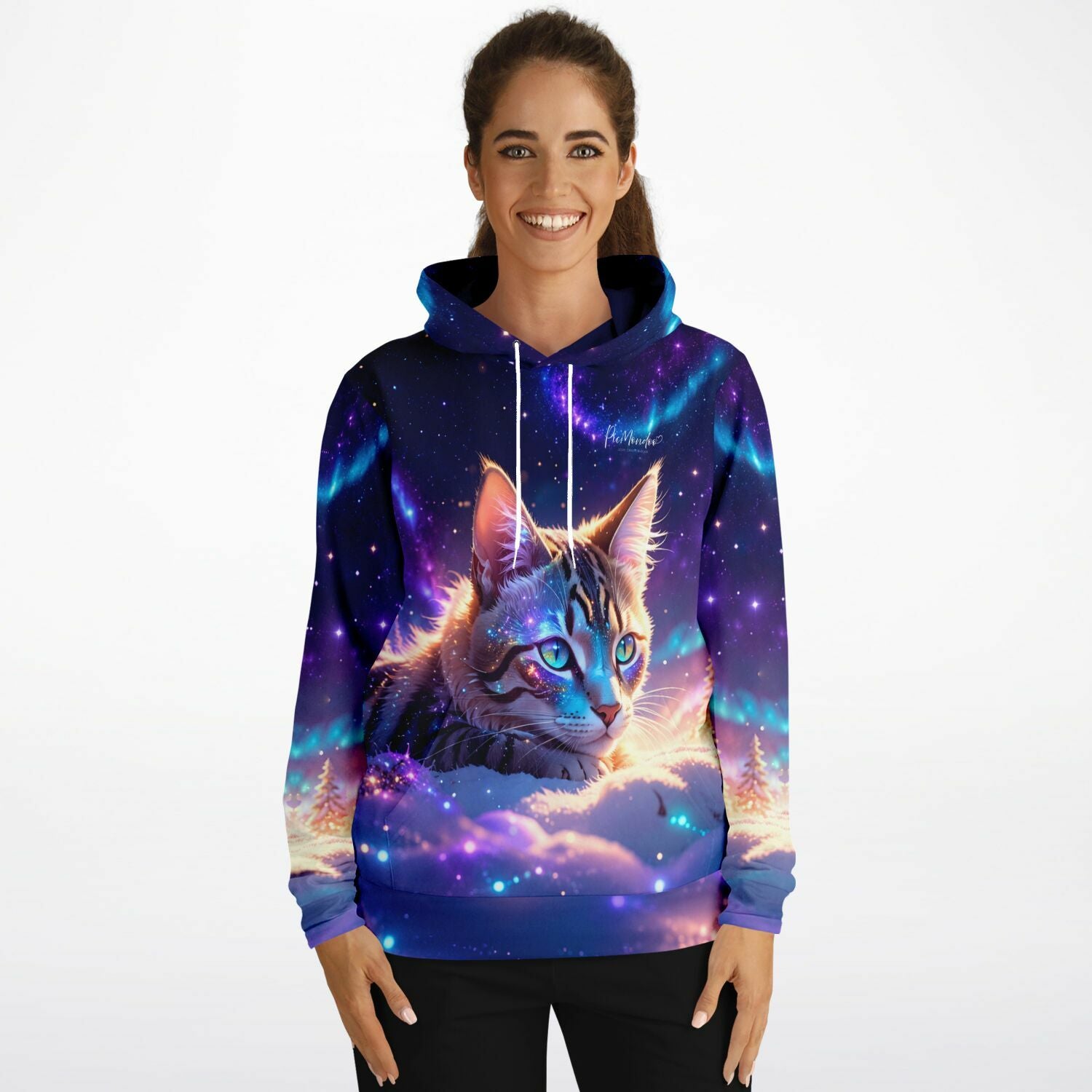 Frau trägt Hoodie mit Samtpfote Motiv im Galaxie-Design, passend für Fans von Diamond Painting und Malen nach Zahlen
