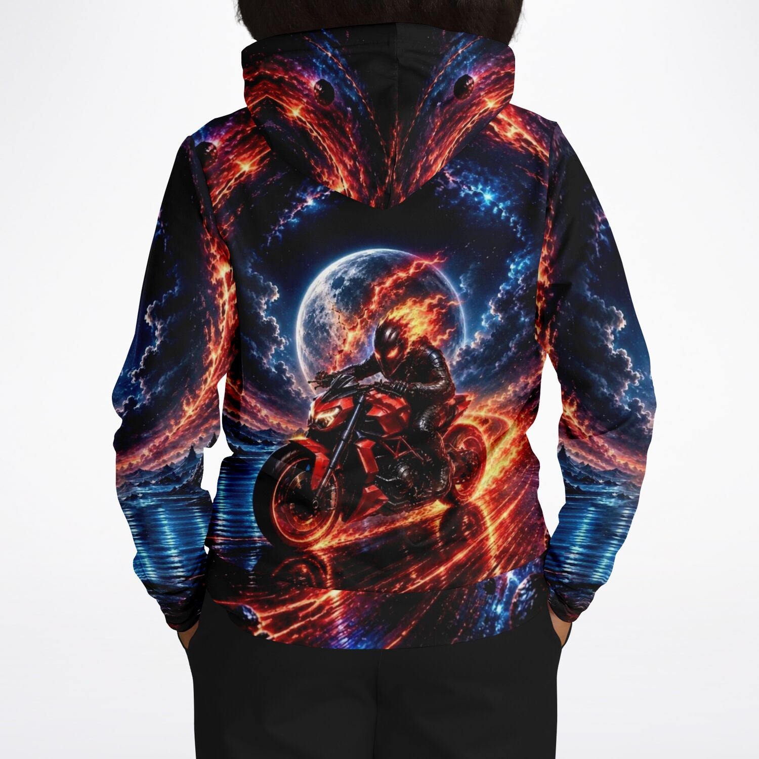Dreamer Hoodie mit Grenzgänger Motiv: Motorradfahrer vor Vollmond in feuriger, kosmischer Nachtlandschaft