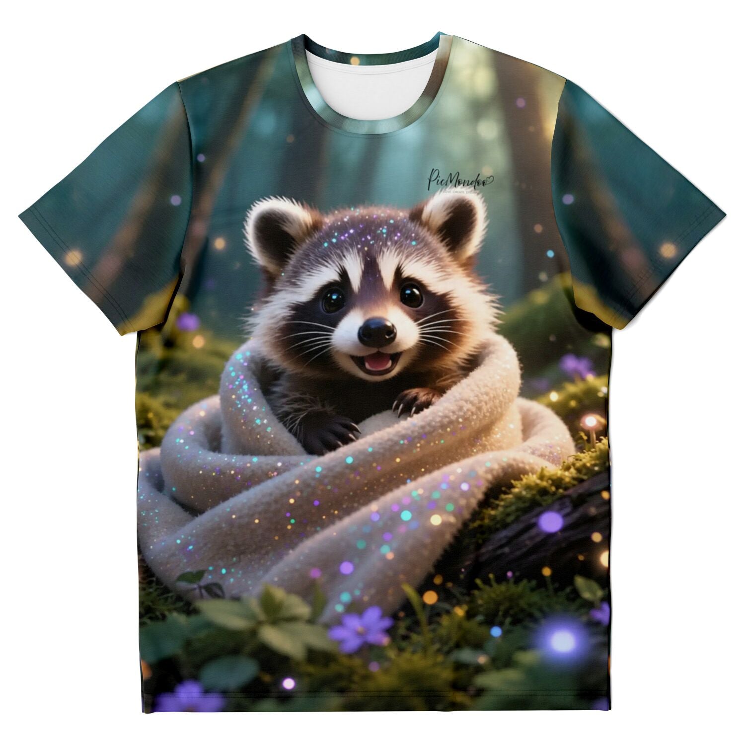 T-Shirt mit süßem Waschbär-Motiv im Glitzer-Look, passend zum Stil von Diamond Painting und Malen nach Zahlen Designs.