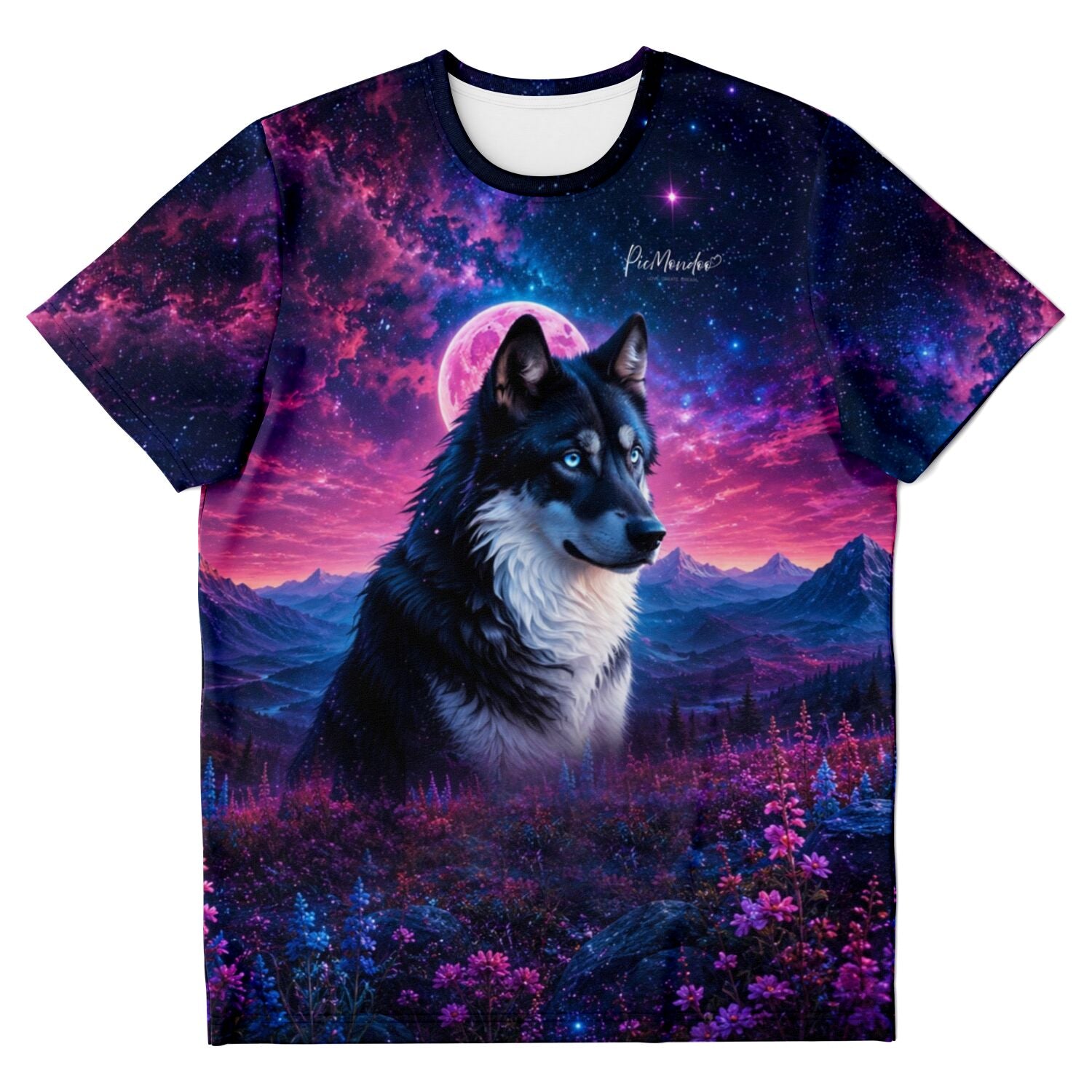 Dreamer T-Shirt mit Wolf Motiv, Unter dem Erdbeermond Design, bunte Galaxie Landschaft, ideal für DIY-Fans