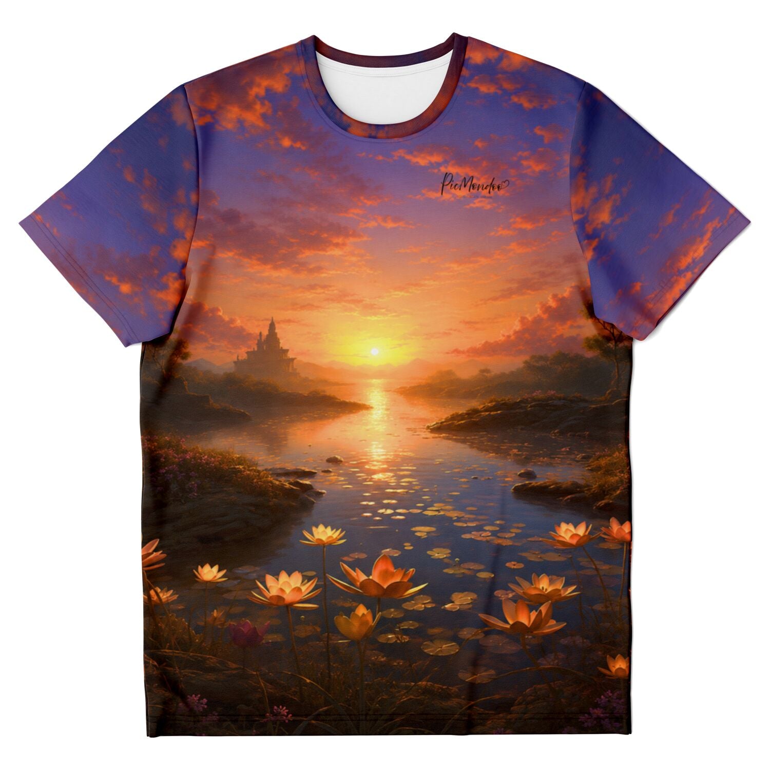Dreamer T-Shirt mit Sonnenuntergangs-Motiv, das den Stil beliebter Diamond Painting und Malen nach Zahlen Sets widerspiegelt.