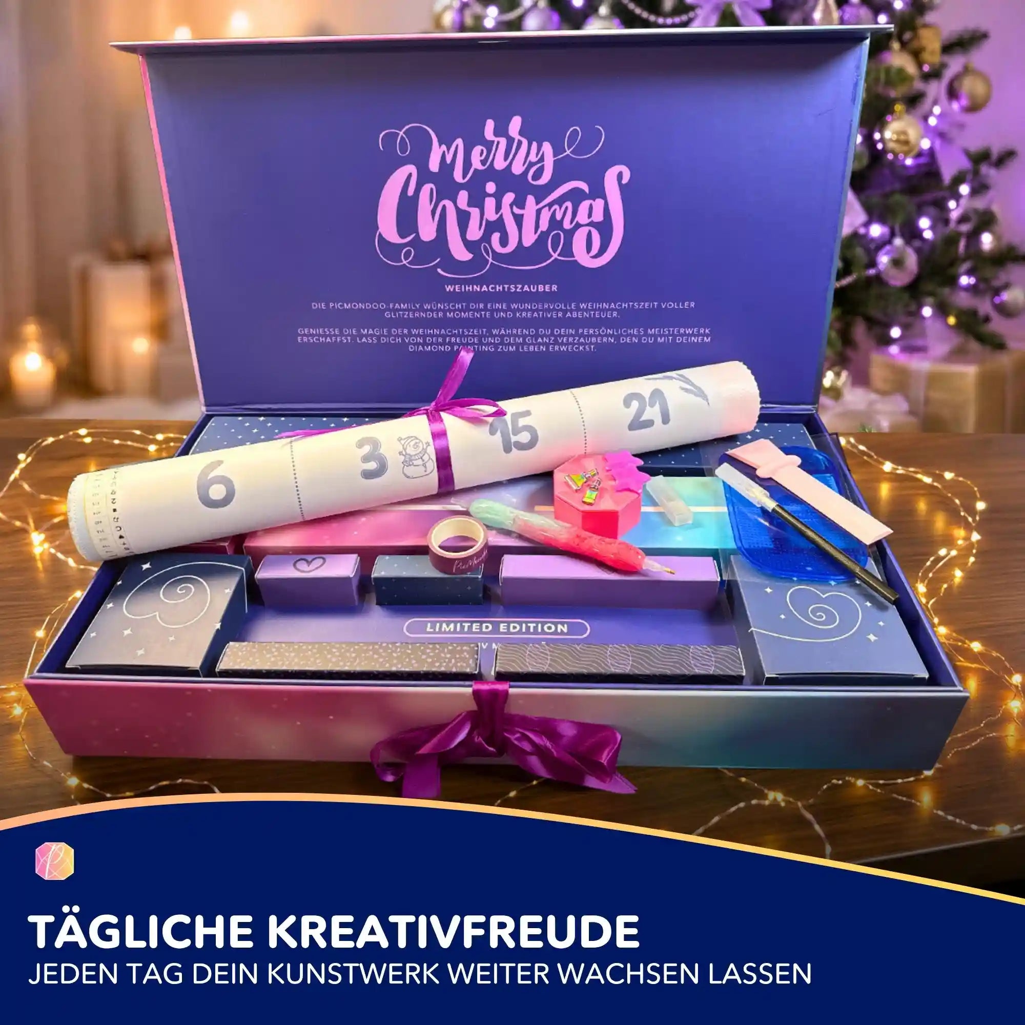 Picmondoo Diamond Painting Adventskalender mit 24 Boxen, Zubehör und Weihnachts-Mystery-Motiv für kreative DIY-Stunden