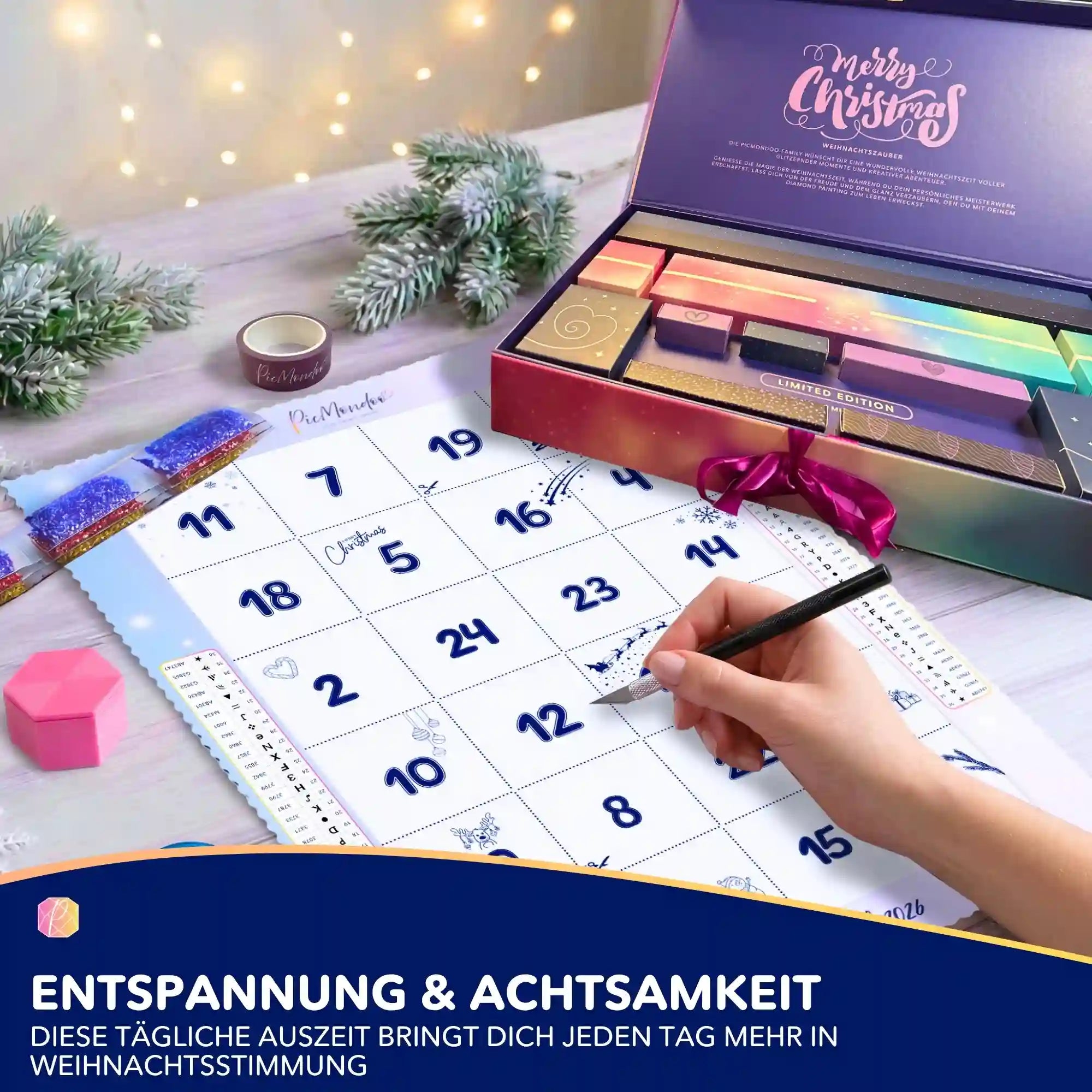 Diamond Painting Adventskalender mit 24 Feldern, Werkzeug und Glitzersteinen für ein kreatives Weihnachts-DIY-Projekt